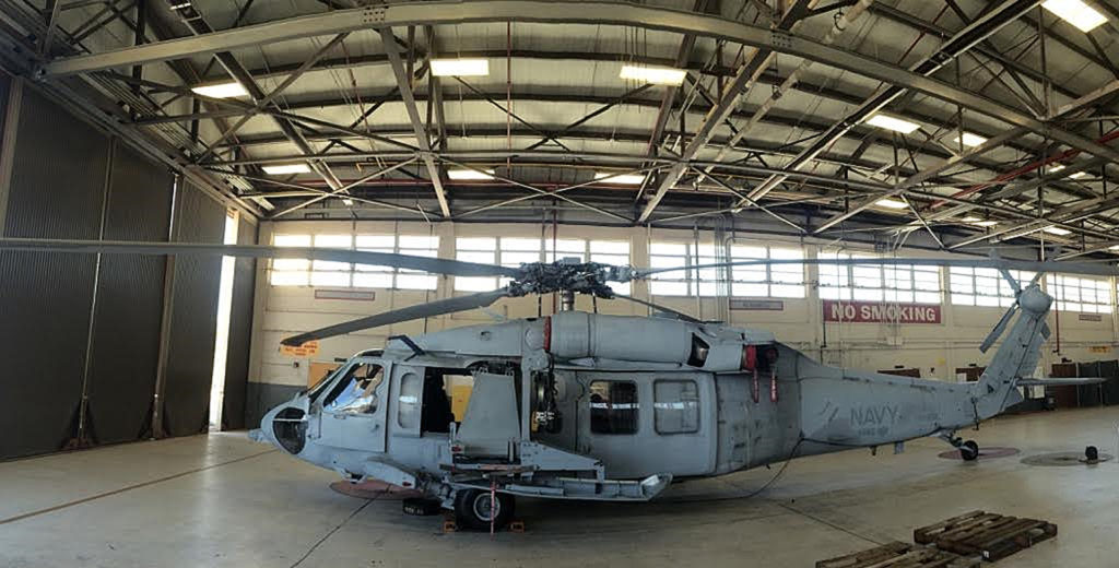 MH-60S Seahawk outfitted with Carriage, Stream, Tow and Recovery System (CSTRS) positioned in Naval Surface Warfare Center Panama City Division's Aviation Unit. U.S. Navy Photo by Katherine Mapp