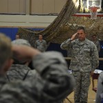 Col. Mark O’Laughlin, 325th Fighter Wing vice commander, pays a visit to the Jr. Raptors April 12 before the children’s mock deployment. The Jr. Raptors spent the day seeing what processes their parents go through during a deployment. (U.S. Air Force photo by Airman 1st Class Solomon Cook)